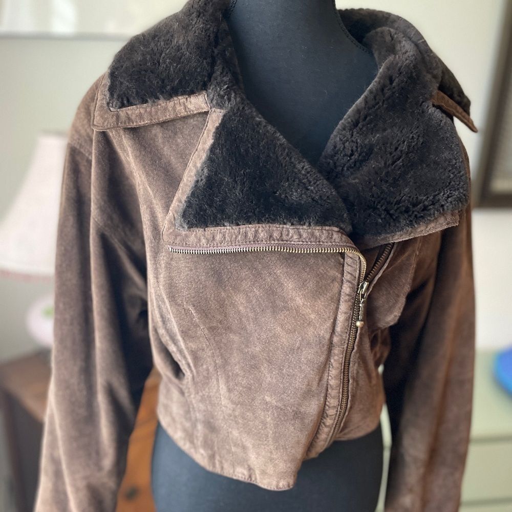 Brown leather and fur Collar Jacket